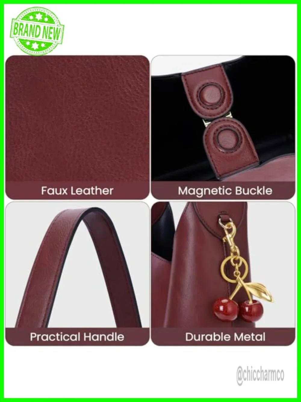 Faux Suede Hobo Bag Vegan Leather Shoulder Bag Tote with Cherry Charm Slouchy